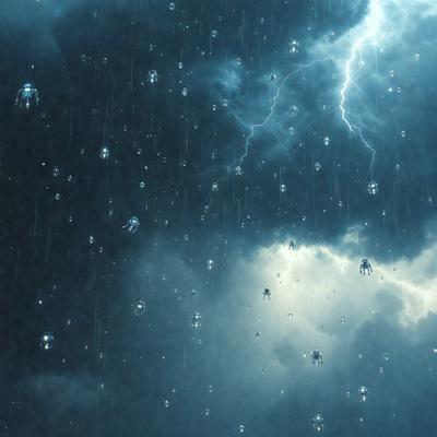 The primary subject of the image is a cloudy sky filled with rain. The setting is a dark, cloudy night with rain falling. The visual style is a photo of the sky, showcasing the rain and the cloudy atmosphere. The colors and mood are dark and moody, with the rain creating a sense of gloominess.